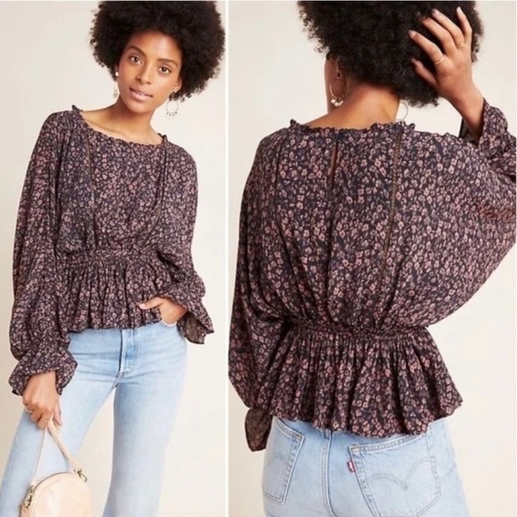 NWT Anthropologie Medium Nichola Floral Peplum Blouse Smocked Balloon Sleeve - Picture 1 of 5
